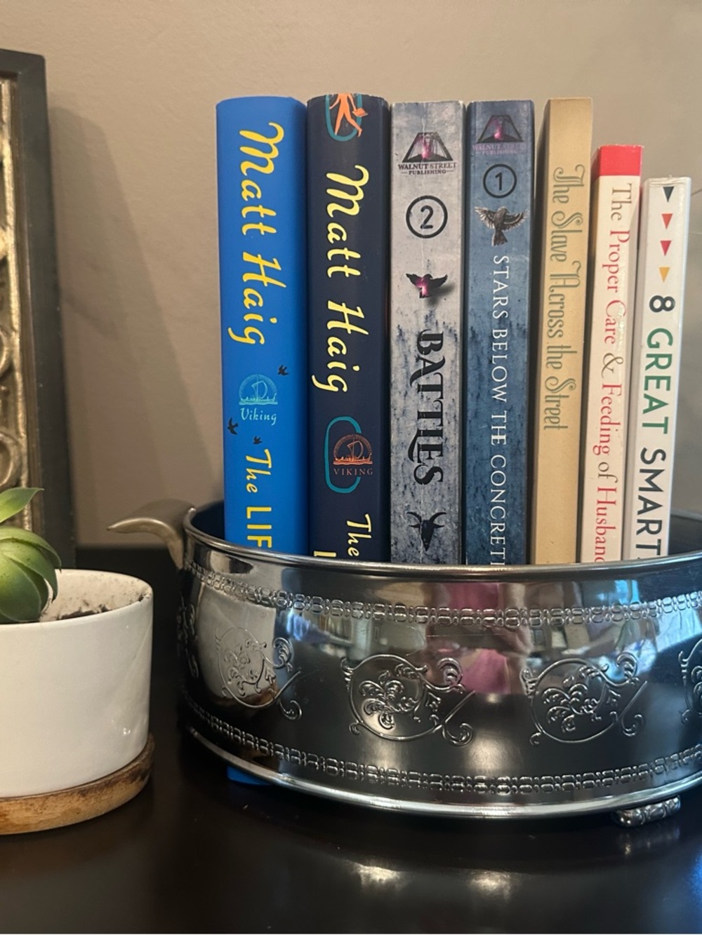 Decorative Silver Metal Planter & Book Holder - Silver